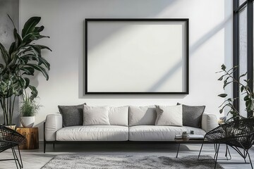 A modern living room featuring a minimalist white couch, large empty framed art, green plants, and natural light streaming through large windows.