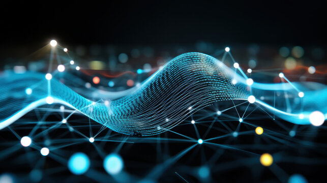Abstract representation of time series data with dynamic wave patterns, showcasing vibrant blue and glowing elements against dark background, creating sense of movement and depth