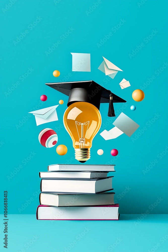 Poster A light bulb is surrounded by books and other objects