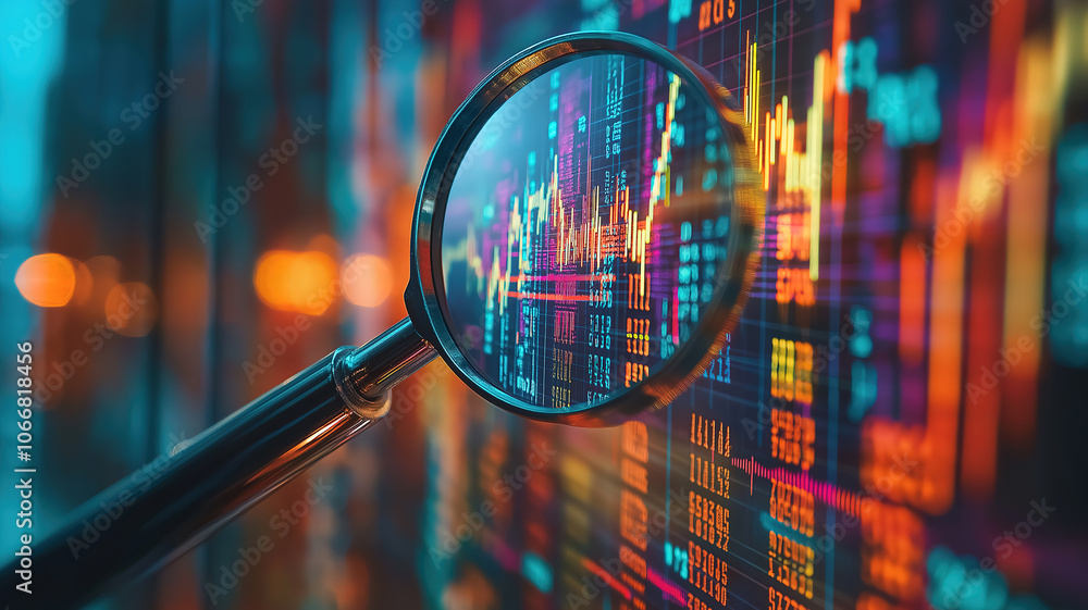 Poster exploring financial data in-depth through analytical research using a magnifying glass to uncover