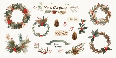 Watercolor Christmas Cards with Winter Wreaths, Pine Cones, and Holly Berries &ndash; Simple, Minimalist Design Featuring 'Merry Christmas' and 'Happy New Year' on White Background