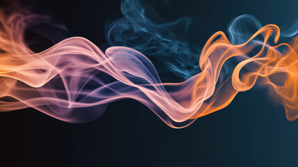 Obraz premium Ethereal smoke waves in vibrant colors create dynamic visual effect, blending shades of orange and blue against dark background. This captivating image evokes sense of movement and fluidity