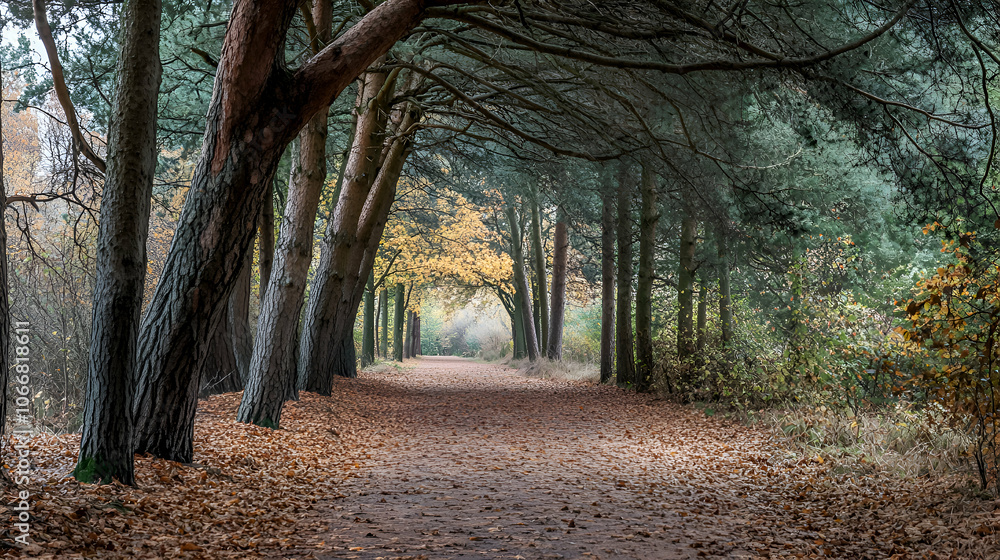 Poster a winding path leads through an autumnal forest, the light filtering through the trees casting a gol