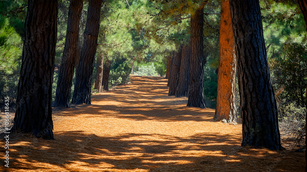 Poster a winding path through a forest of tall pine trees with dappled sunlight.