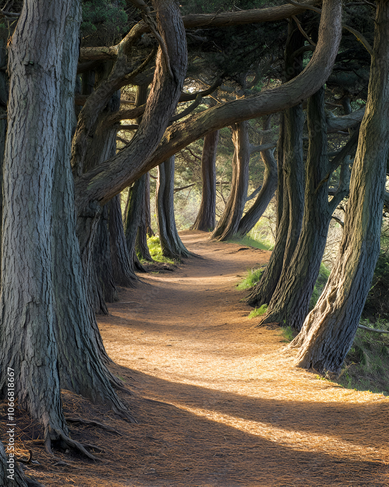 Poster a winding path through a forest of trees with sunlight streaming through the canopy.