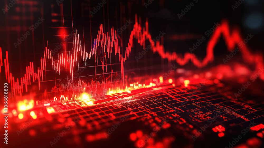 Poster exploring the relationship between recession and inflation through falling red charts in stock