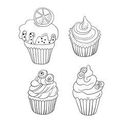 Muffin cake, sweet cupcake with cream, delicious pastries. Modern vector illustration, logo for cafe, restaurant, pastry shop. Set of different desserts icons. Symbols for a candy bar