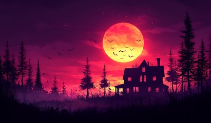 Fototapeta premium Spooky House with a Large Full Moon in the Background