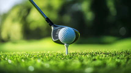 A golf club makes contact with a teeed ball during a sunny day on the lush green fairway at a local golf course