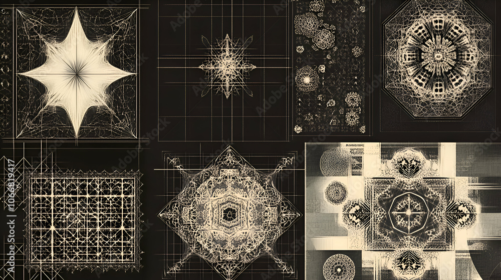 Aufkleber abstract geometric patterns in black and white on a grid background.