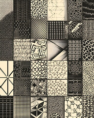 Fototapeta premium Abstract geometric pattern background, black and white grid, seamless repeat texture, graphic design element, digital art, modern.