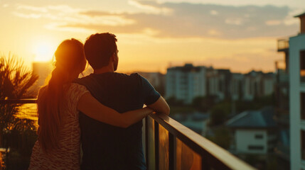 Couple enjoying a beautiful sunset view from their balcony in a vibrant city as the sky changes colors at dusk