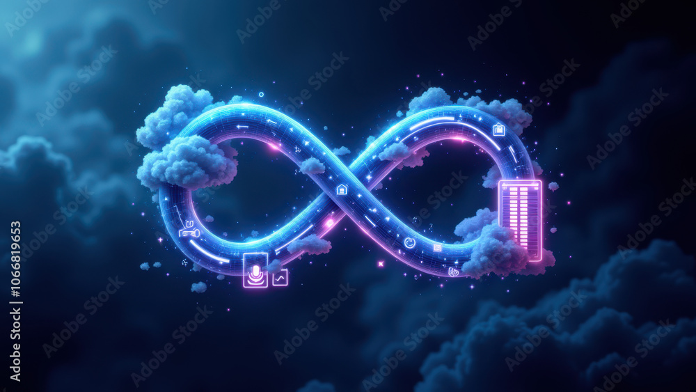 Aufkleber futuristic ci/cd automation concept with infinity loop and digital cloud background.