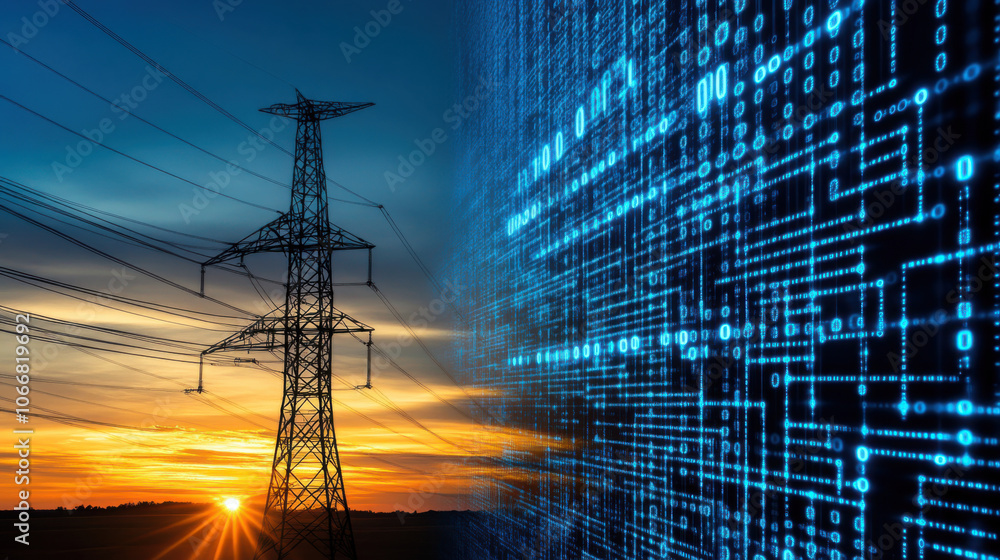 Poster electric energy concept featuring high voltage towers against sunset, symbolizing connection between