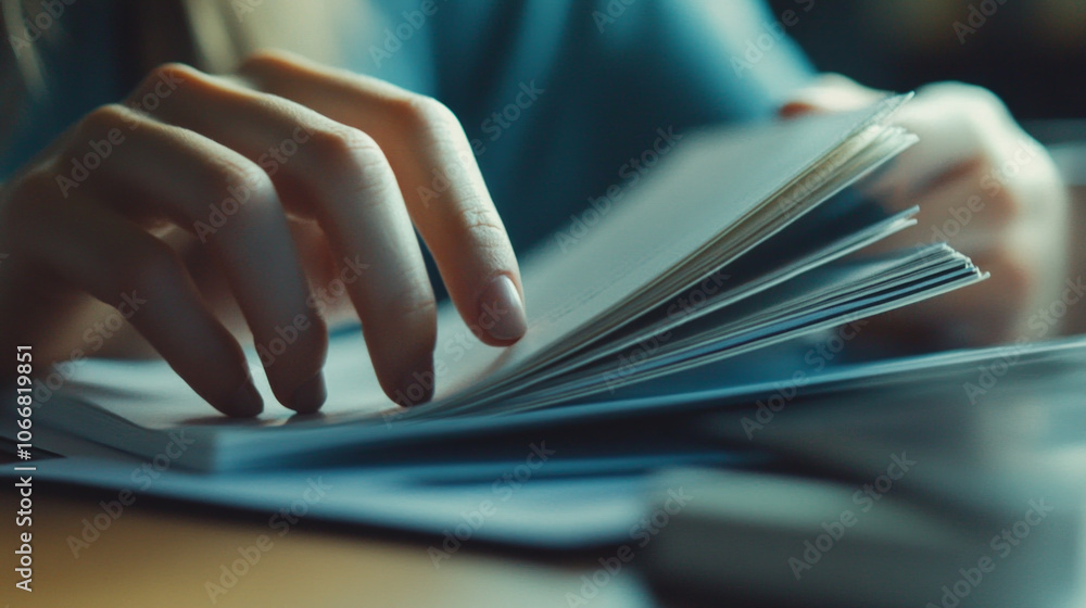 Poster hands reviewing and flipping through a pitch deck on a wooden table in a focused workspace setting