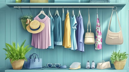  Modern wardrobe with stylish spring clothes and accessories