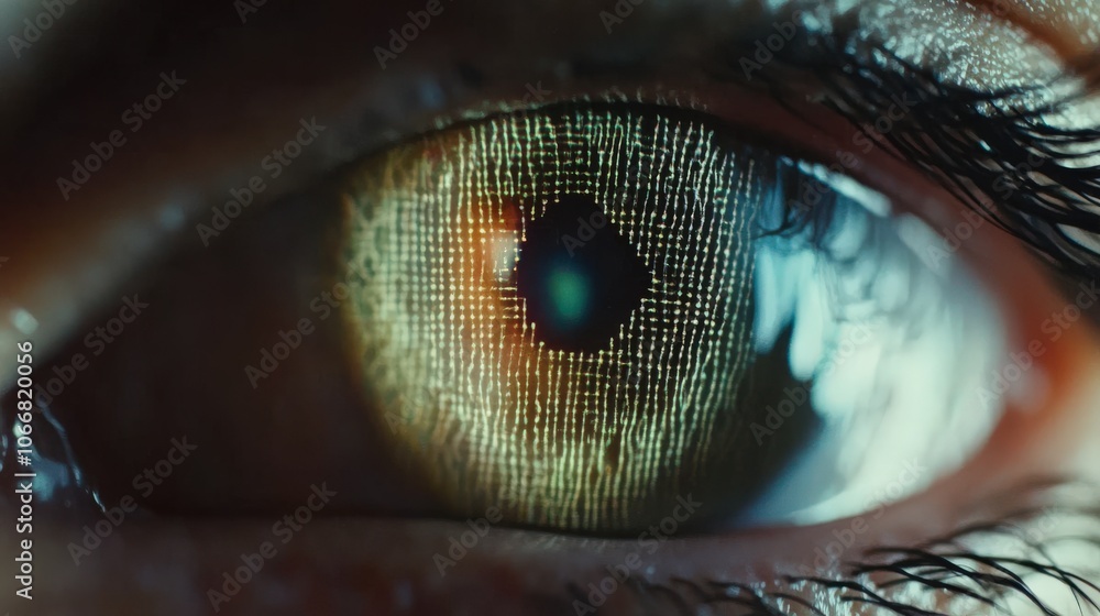 Poster the eye is actively engaged in an iris scan, revealing complex patterns and colors. the scanning pro