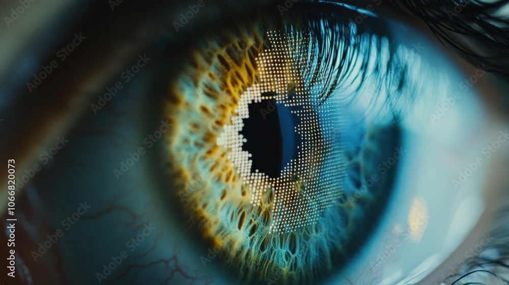 Poster the iris undergoes detailed scanning, revealing its unique colors and patterns while engaging in bio