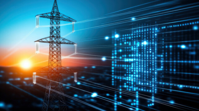 High voltage tower with power lines against sunset, showcasing energy transmission and technology. scene conveys sense of innovation and connectivity