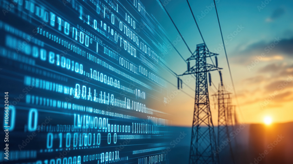 Poster high voltage towers and power lines silhouetted against sunset, with binary code overlay representin