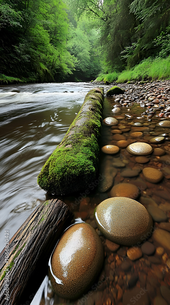Poster moss covered log in a forest river with smooth river rocks.