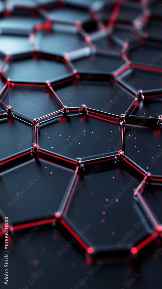 Poster a close-up view of a hexagonal molecular structure with red accents against a dark background