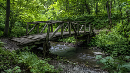 Rustic wooden bridge over a small creek in a lush green forest.