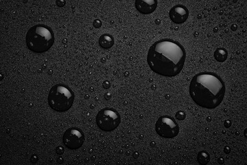 Drops of glycerin water on a black background. Top view.