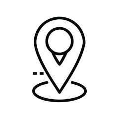 Black and White Location Pin Icon Outline, Simple black and white outline of a location pin icon on a base, perfect for maps, navigation apps, and minimalist design projects.
