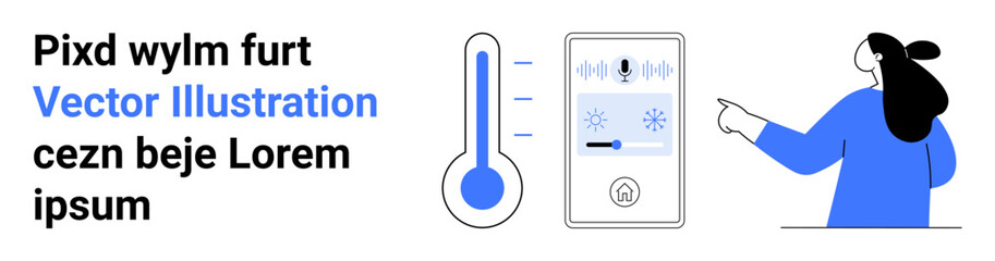 Woman pointing to a smart thermostat displaying temperature settings and voice control. Ideal for smart home technology, energy efficiency, home automation, modern living, innovation, user