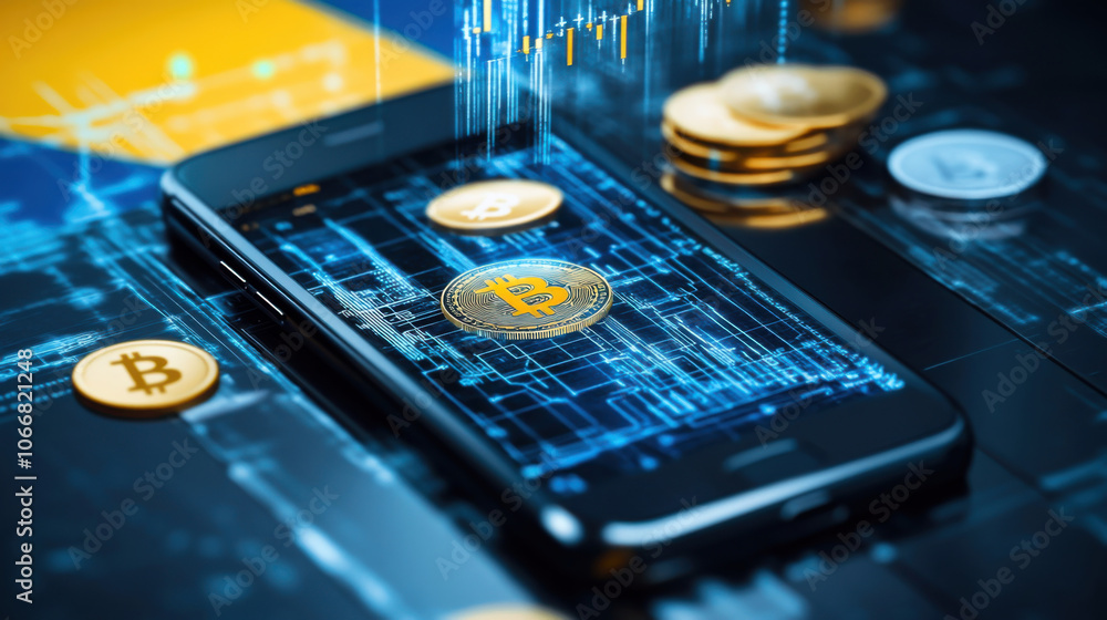 Poster digital currency on smartphone with bitcoin coins and data graphics