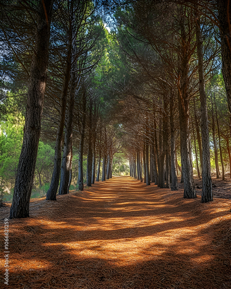 Poster sunbeams illuminate a path through a dense pine forest.
