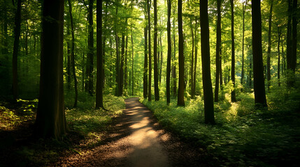 Fototapeta premium Sunbeams illuminate a path through a dense, verdant forest.