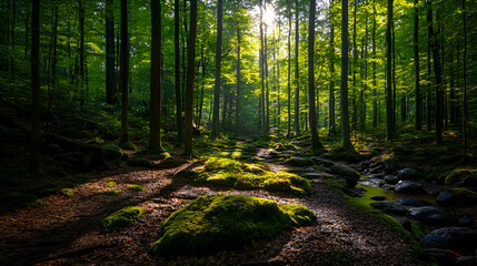 Fototapeta premium Sunbeams illuminate a mossy forest path, with a small stream running through the center.
