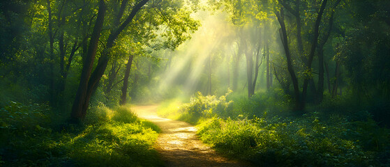 Fototapeta premium Sunbeams illuminate a path through a lush green forest, casting a magical glow on the foliage and trees.