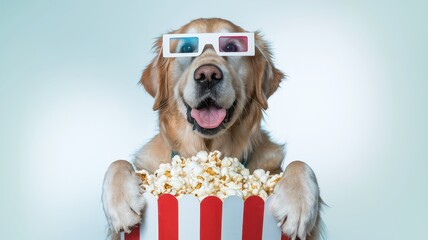Golden Retriever in 3D Glasses with Popcorn Box, Playful Scene