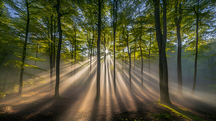 Fototapeta premium Sunbeams pierce through the fog in a lush green forest.