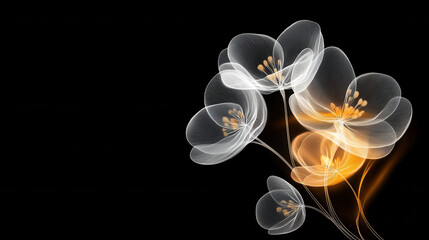 Obraz premium Delicate flowers with intricate details, glowing softly against black background, create serene and elegant atmosphere