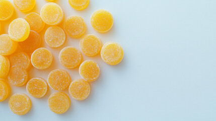 Yellow lozenges scattered on a plain white background create a vibrant and inviting visual display of sweets