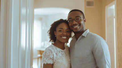 A couple joyfully entering their new apartment, capturing a moment of excitement and new beginnings together