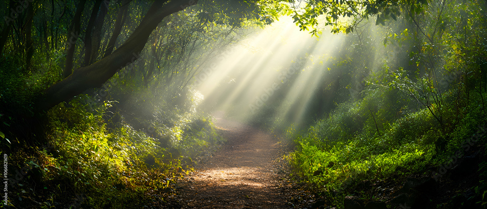 Poster sunlight beams through the trees on a forest path.