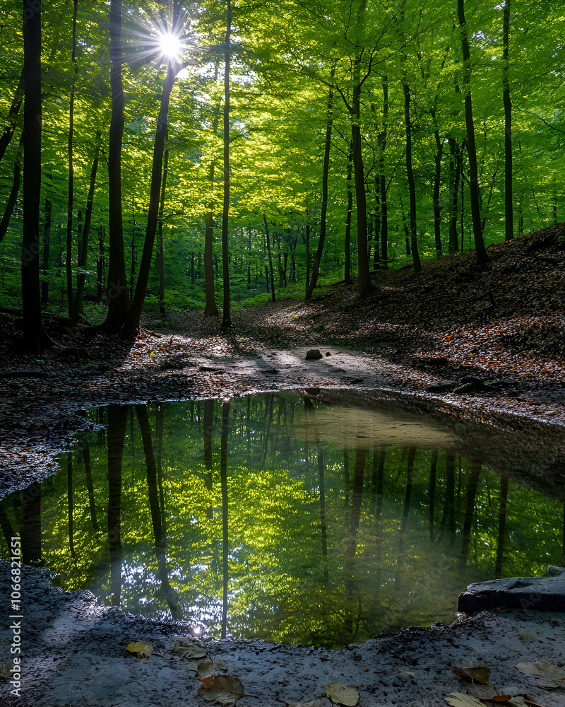 Poster sunlight filters through the trees, creating a shimmering reflection in a forest puddle.