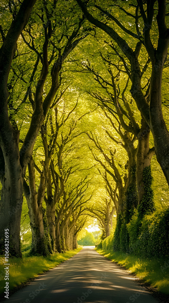 Poster sunlight streams through a canopy of trees lining a winding road.