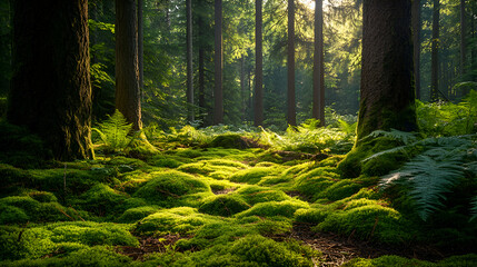 Fototapeta premium Sunlight filters through the canopy of a dense forest, illuminating the mossy forest floor.