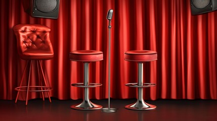  Stand up show comedy stage attributes realistic image with microphone bar stool red curtain retro vector illustration