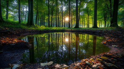 Obraz premium Sunlight reflecting on a puddle in a green forest.