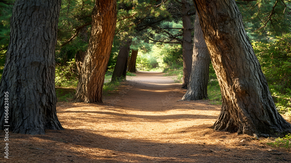 Poster sunlit path through a grove of trees.