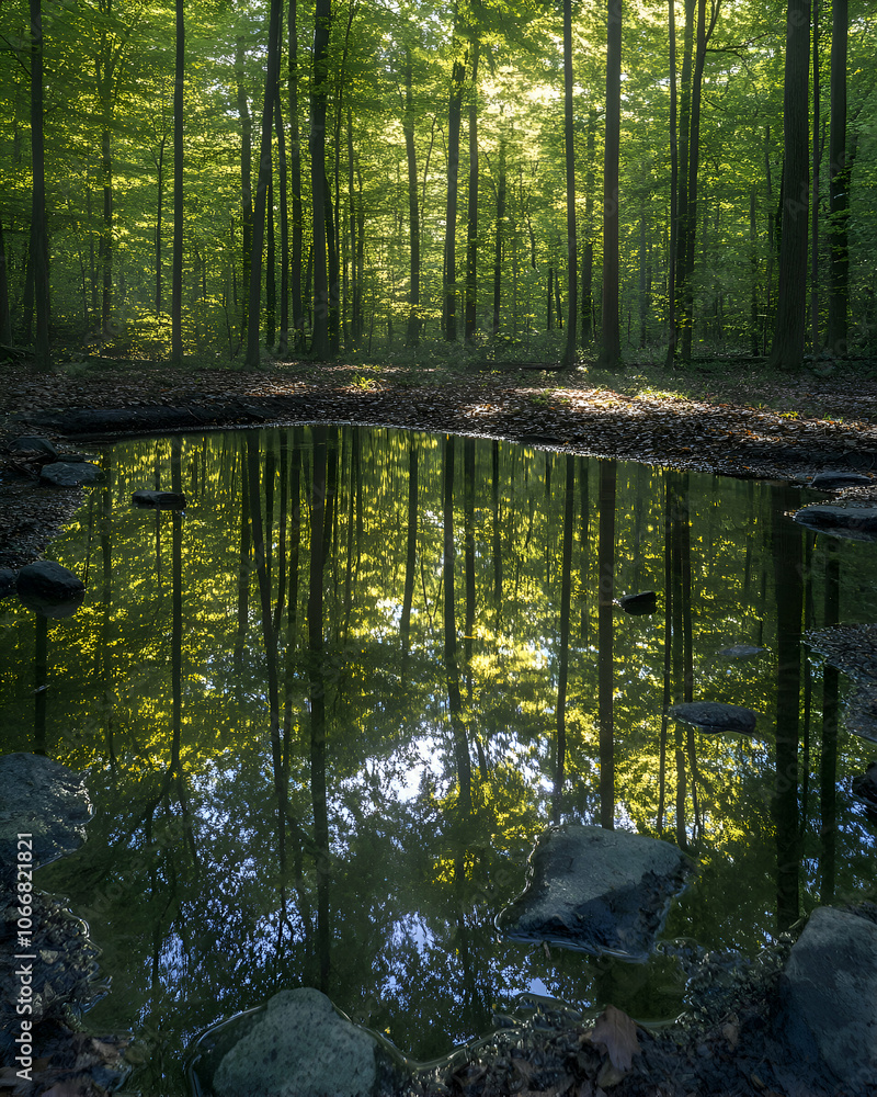 Poster sunlit forest trees reflected in a puddle.