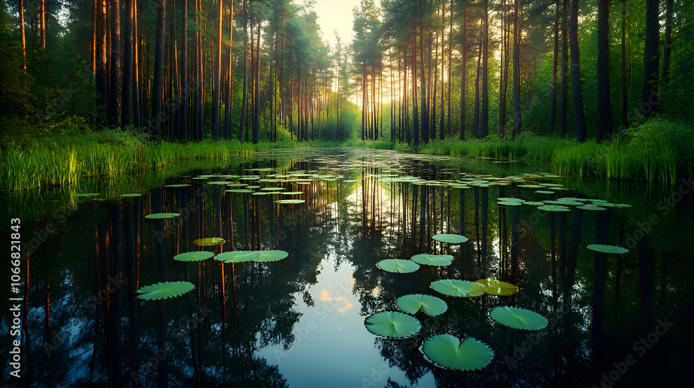 Poster sunlit path through a tranquil forest with a pond covered in lily pads.