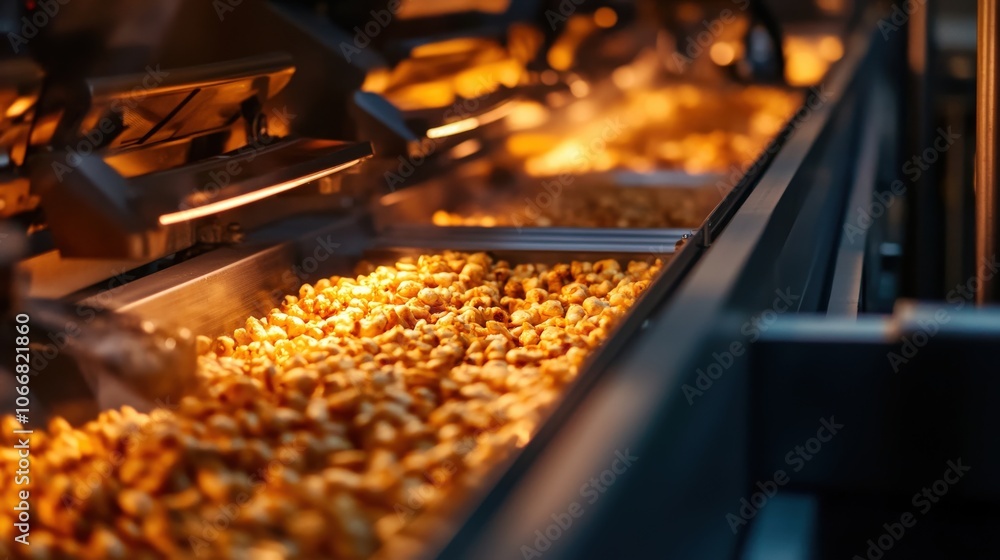 Poster golden snacks are processed on a high-tech assembly line, showcasing the intricate mechanisms that s
